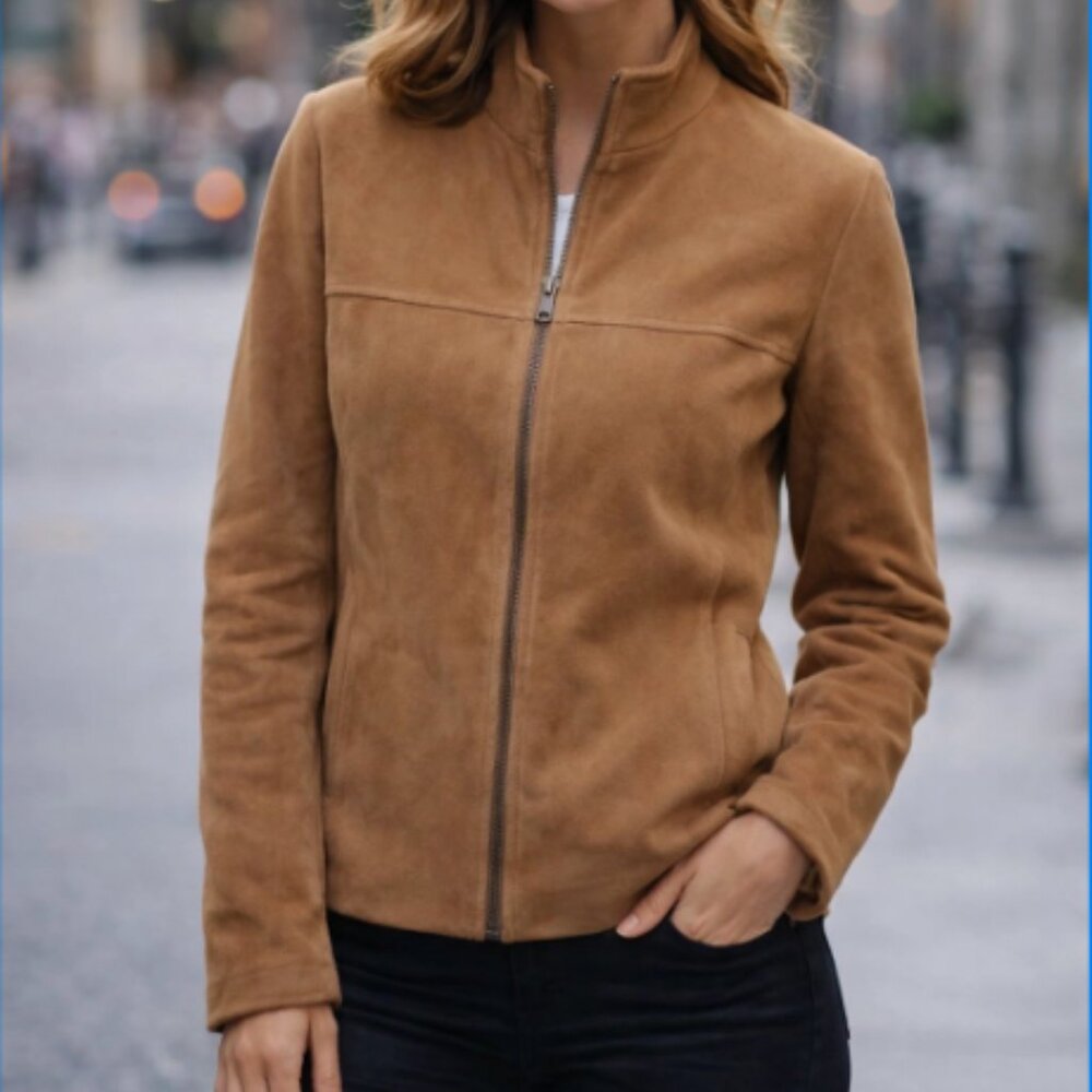 Tendance Tan Suede-Look Zip Jacket Size 16